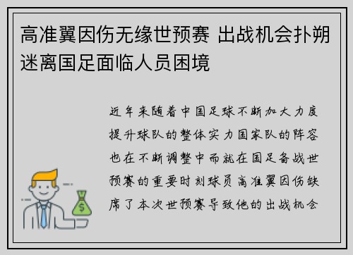 高准翼因伤无缘世预赛 出战机会扑朔迷离国足面临人员困境
